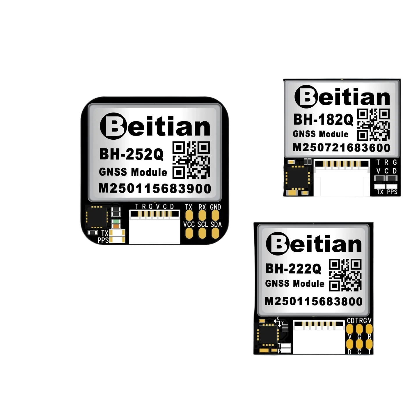 Beitian BH-252Q GNSS module shown alongside BH-182Q and BH-222Q board layouts, top label view