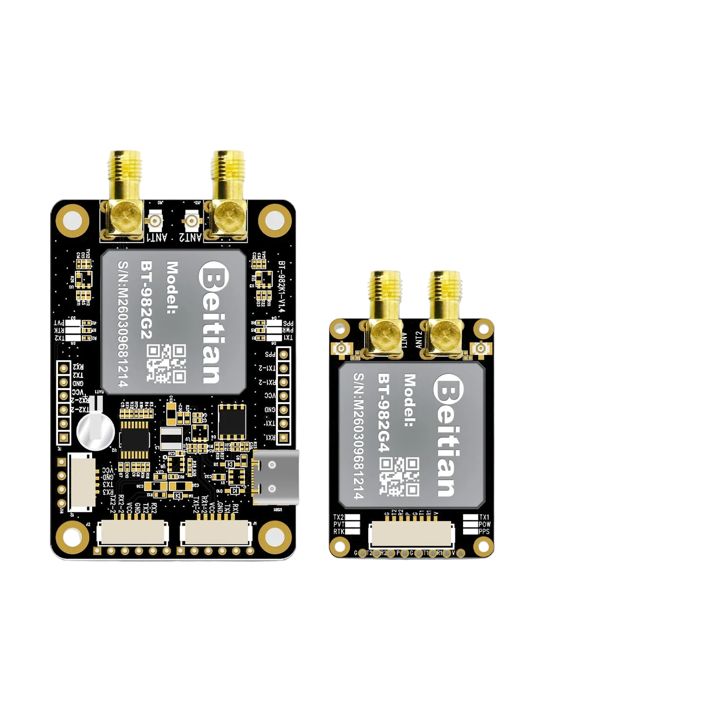 Beitian BT-982G1 UM982 RTK GNSS module with dual SMA antenna connectors, shown beside larger board