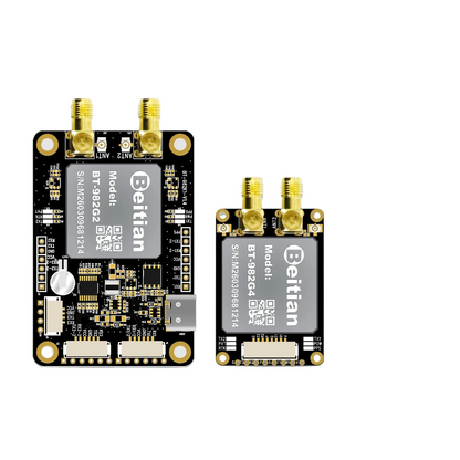 Beitian BT-982G1 UM982 RTK GNSS module with dual SMA antenna connectors, shown beside larger board