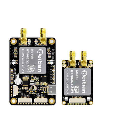Beitian BT-982G1 UM982 RTK GNSS module with dual SMA antenna connectors, shown beside larger board