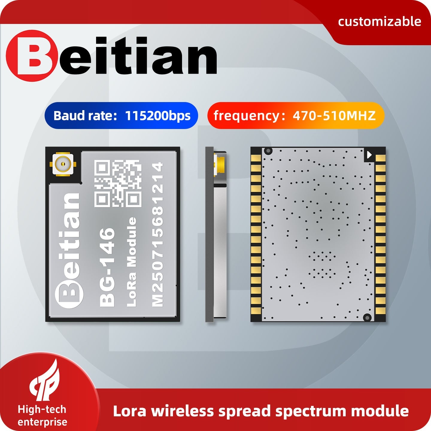 Beitian BG-146 LoRa wireless module graphic showing baud rate 115200bps and frequency 470–510MHz