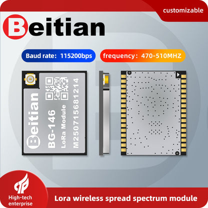 Beitian BG-146 LoRa wireless module graphic showing baud rate 115200bps and frequency 470–510MHz