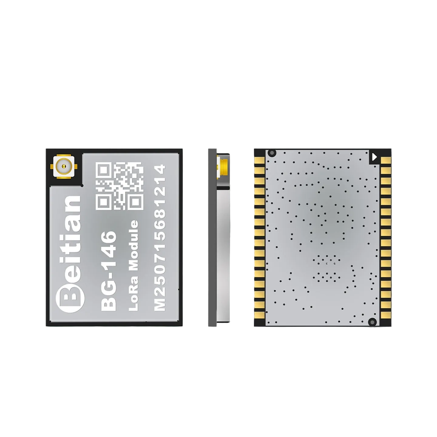 Beitian BG-146 LoRa DTU module, top label, side profile, and bottom pads shown (32-pin SMD)