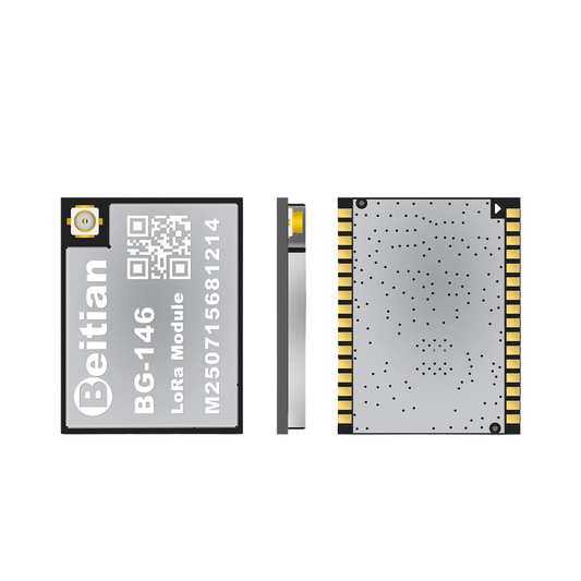 Beitian BG-146 LoRa DTU module, top label, side profile, and bottom pads shown (32-pin SMD)
