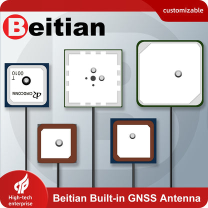 Beitian built-in GNSS antenna lineup graphic showing multiple ceramic patch styles, customizable