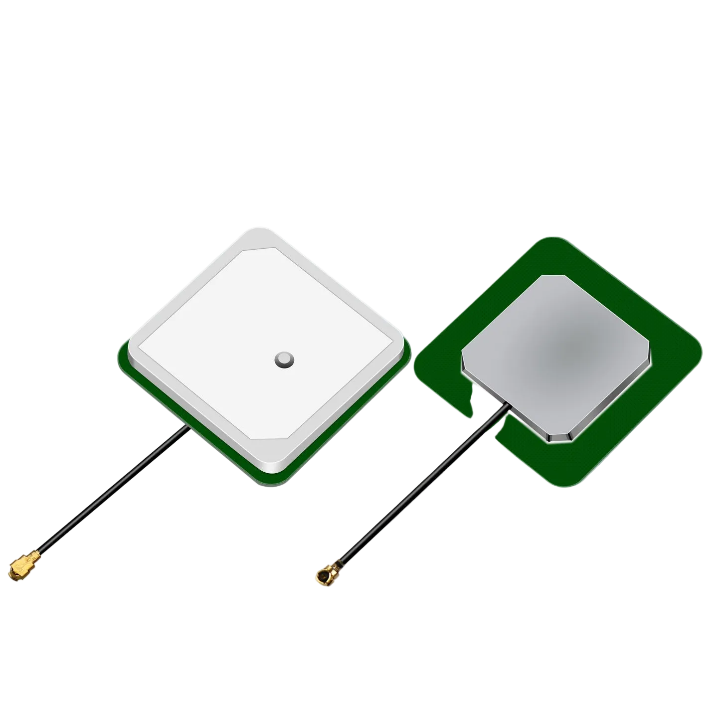 GNSS patch antenna shown front and rear views with cable lead and IPEX connector