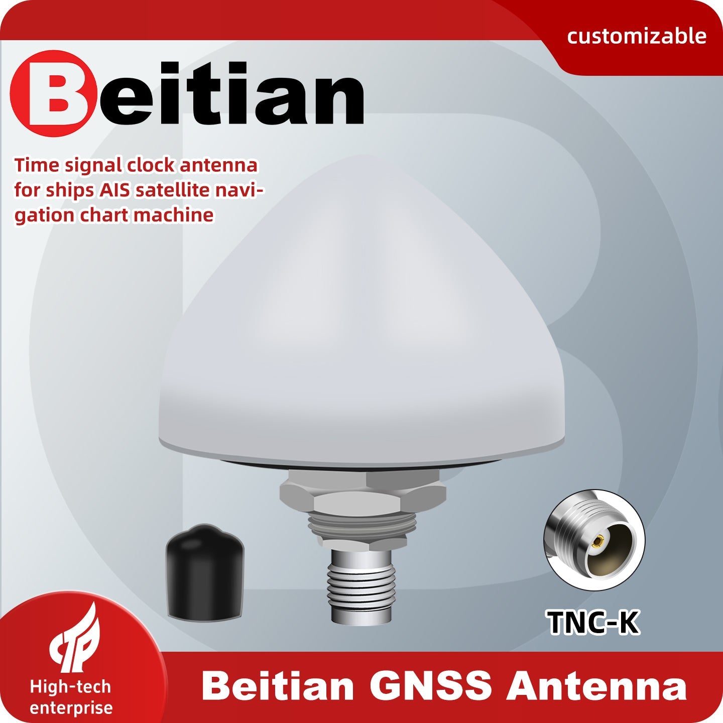 Beitian GNSS antenna promo graphic showing TNC-K connector type and customizable design