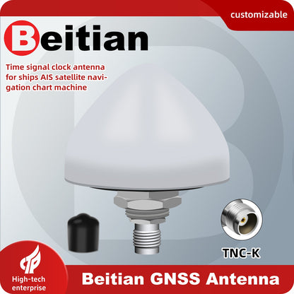 Beitian GNSS antenna promo graphic showing TNC-K connector type and customizable design