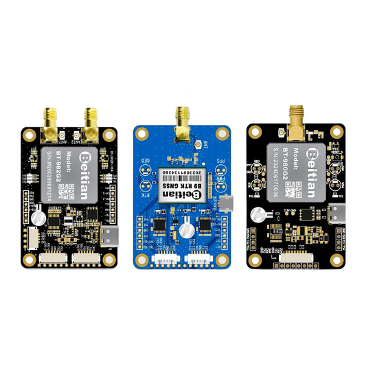 Beitian RTK GNSS positioning boards lineup (UM982, ZED-F9P, UM980) with SMA antenna connectors