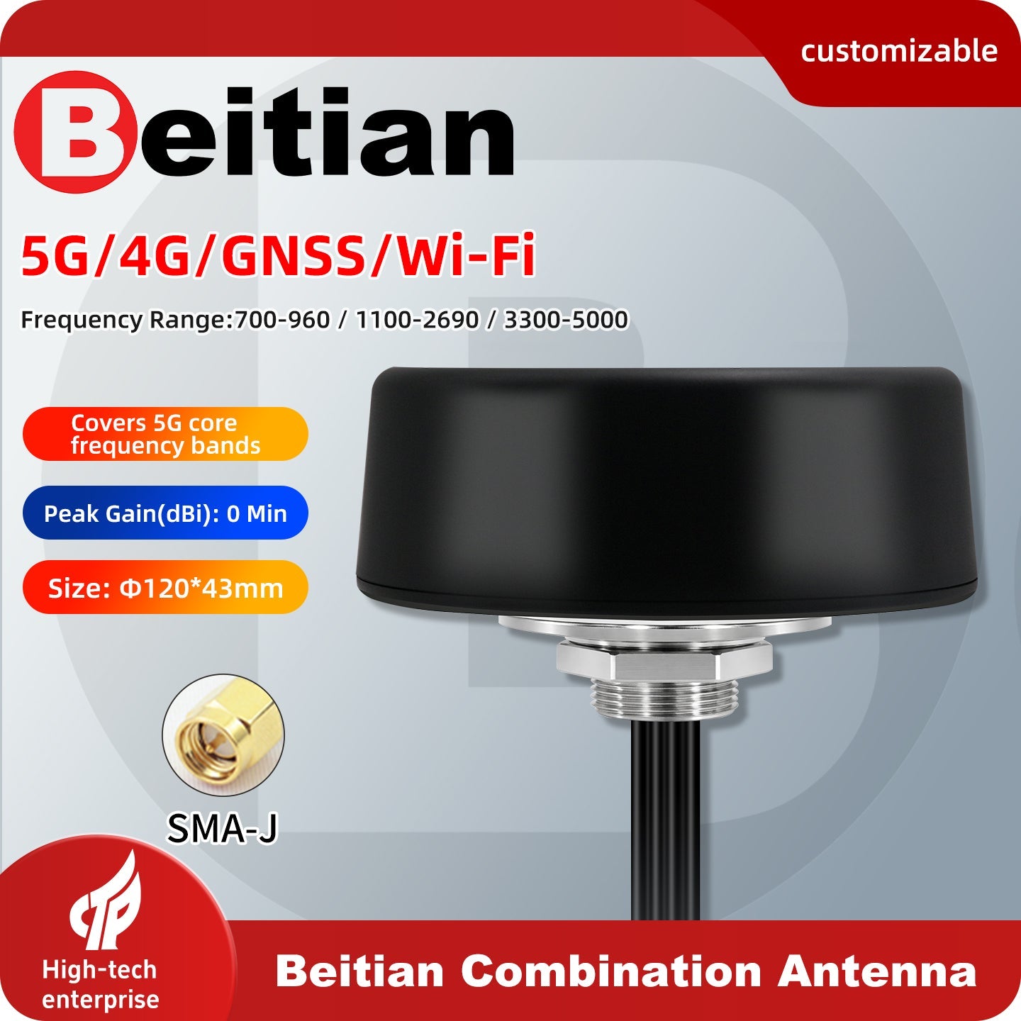 Beitian 5G/4G/GNSS/Wi‑Fi combination antenna promo graphic showing frequency ranges and SMA‑J connector
