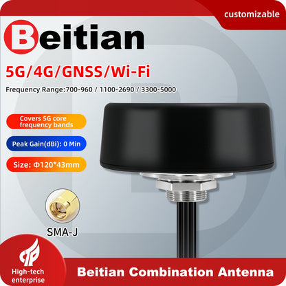Beitian 5G/4G/GNSS/Wi‑Fi combination antenna promo graphic showing frequency ranges and SMA‑J connector