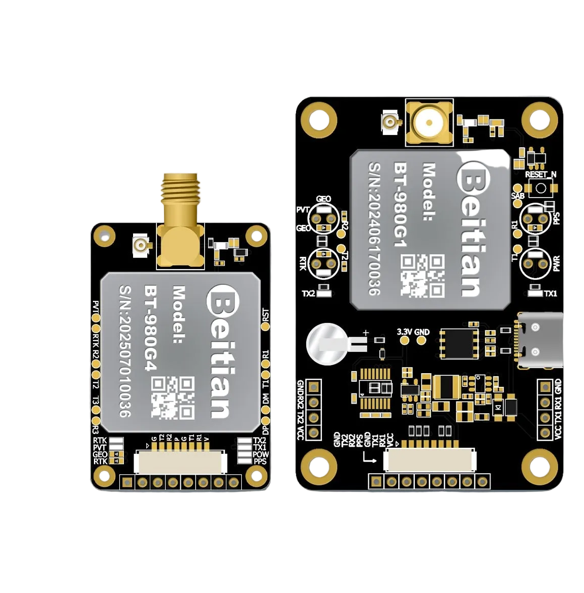 Beitian UM980 full-frequency RTK GNSS board set with antenna connector, top view comparison
