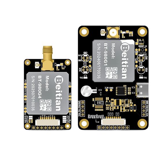 Beitian UM980 full-frequency RTK GNSS board set with antenna connector, top view comparison