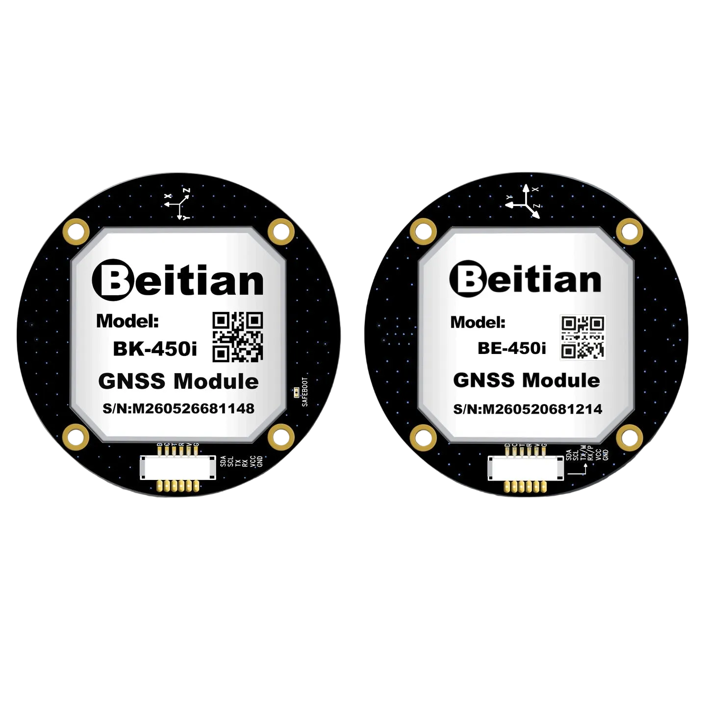 Beitian BE-450i BK-450 GNSS GPS module front and back views with connector detail