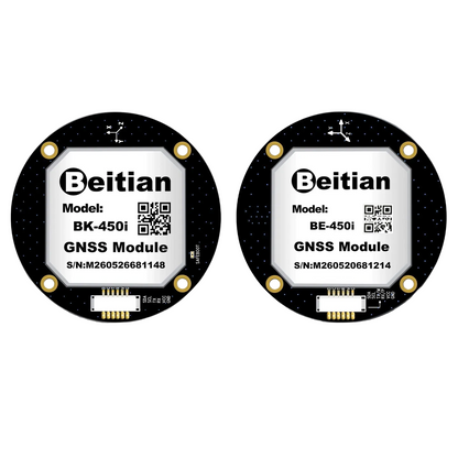 Beitian BE-450i BK-450 GNSS GPS module front and back views with connector detail