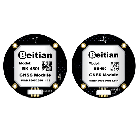 Beitian BE-450i BK-450 GNSS GPS module front and back views with connector detail