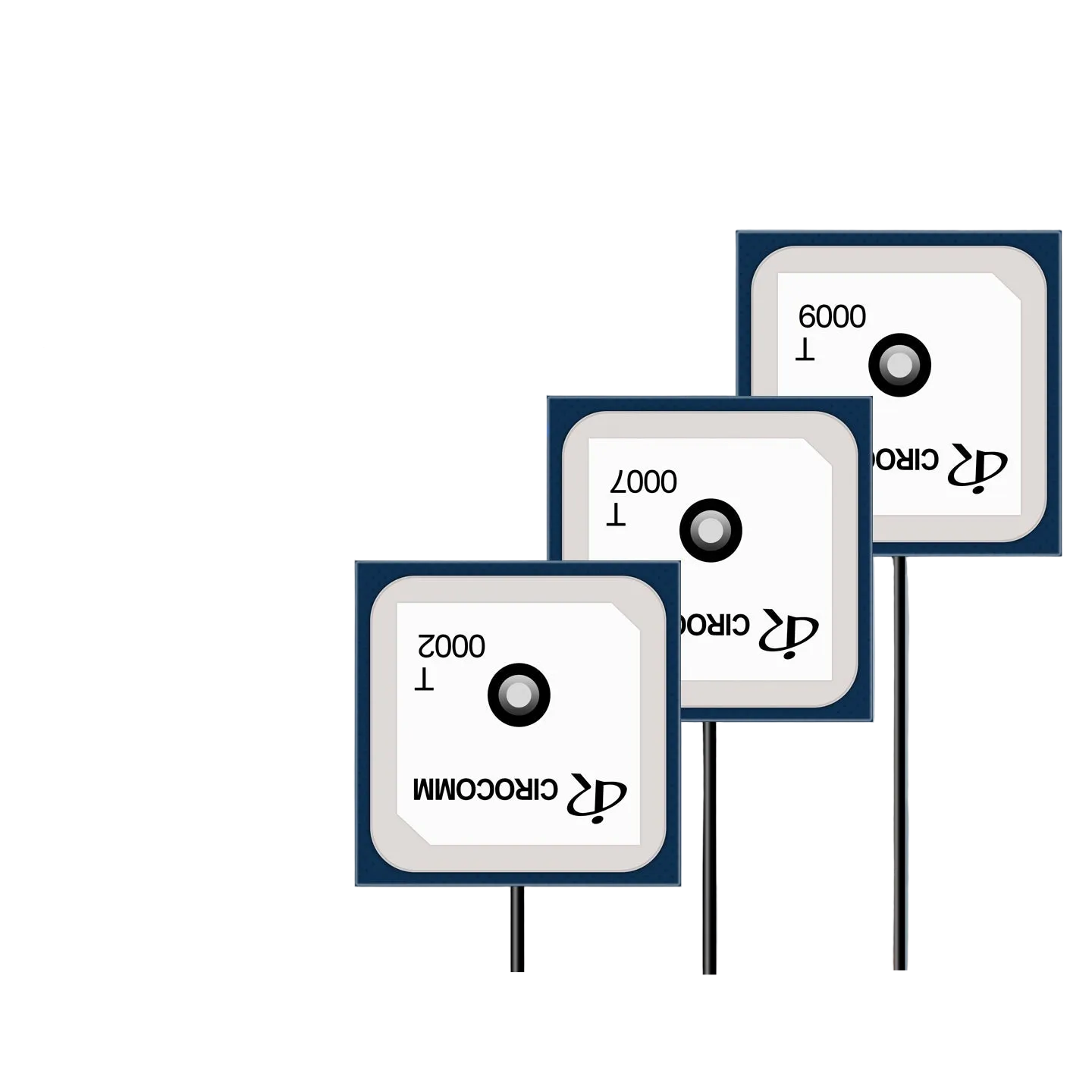 Beitian BT-0000 GNSS antenna ceramic patch modules, three top views with attached coax leads