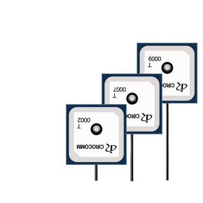 Beitian BT-0000 GNSS antenna ceramic patch modules, three top views with attached coax leads