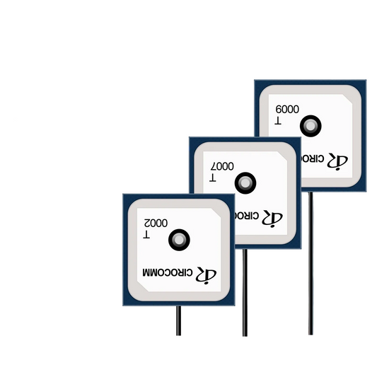 Beitian BT-0000 GNSS antenna ceramic patch modules, three top views with attached coax leads