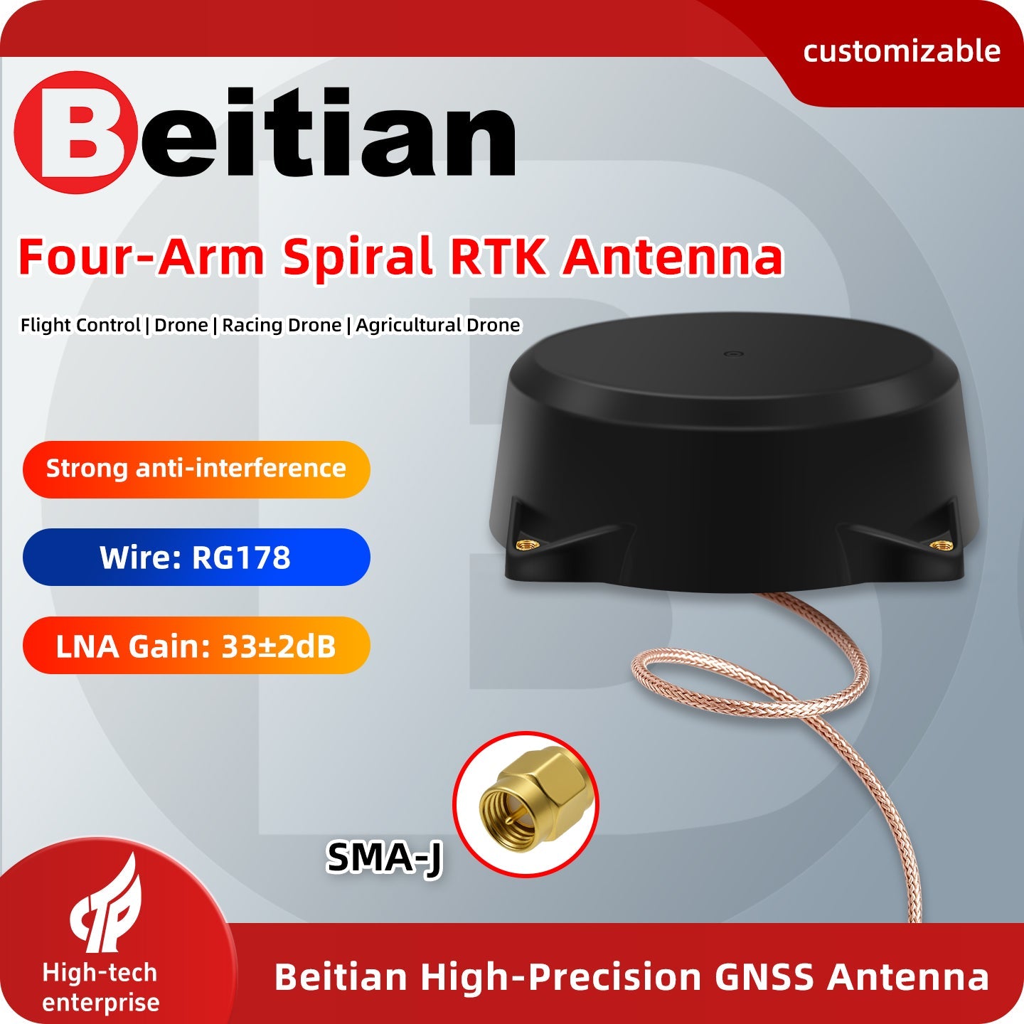 Beitian BT-236 four-arm spiral RTK antenna promo graphic showing RG178 wire and SMA-J connector