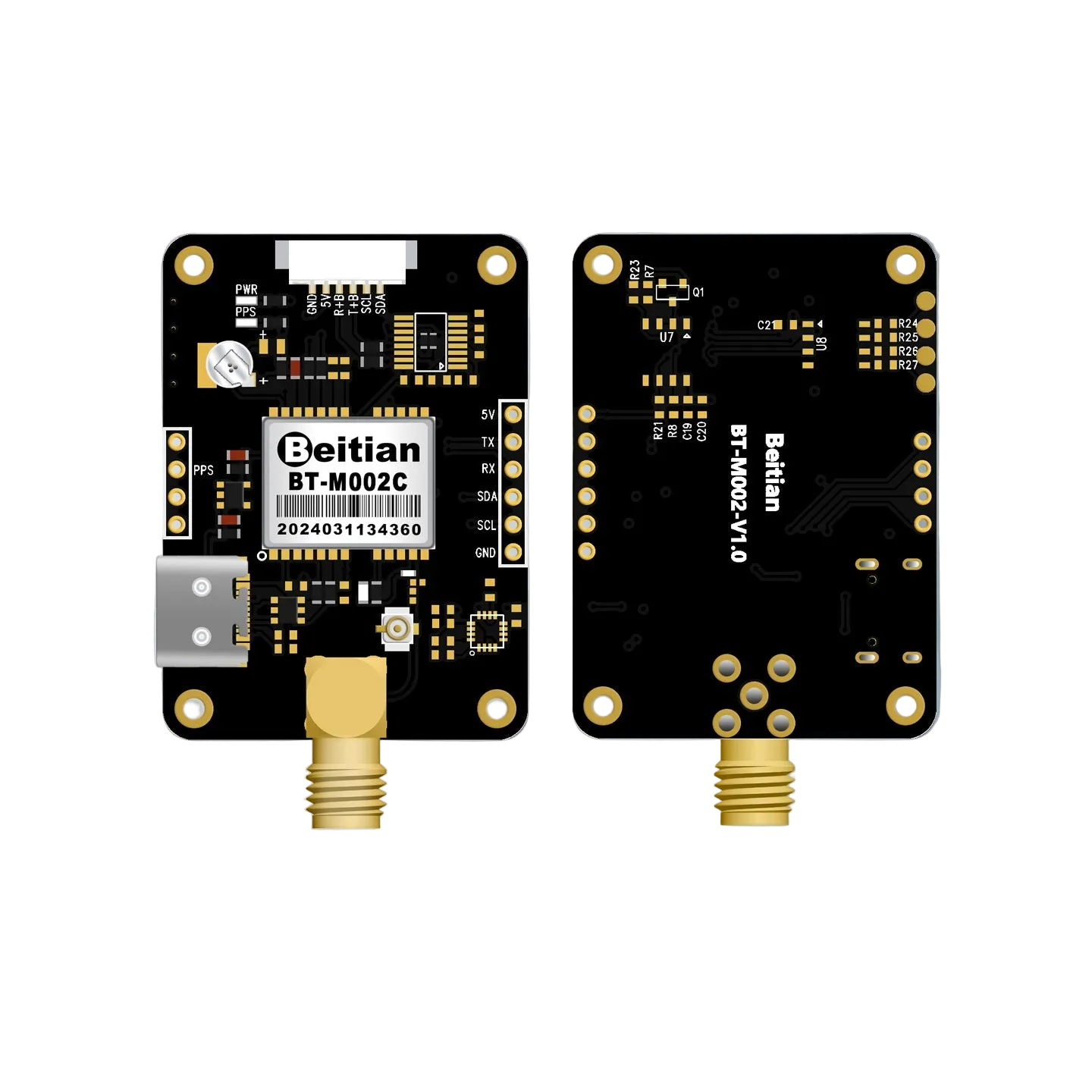 Beitian BT-M002C differential L1/L5 high-precision GNSS module PCB, front and back views with SMA connector
