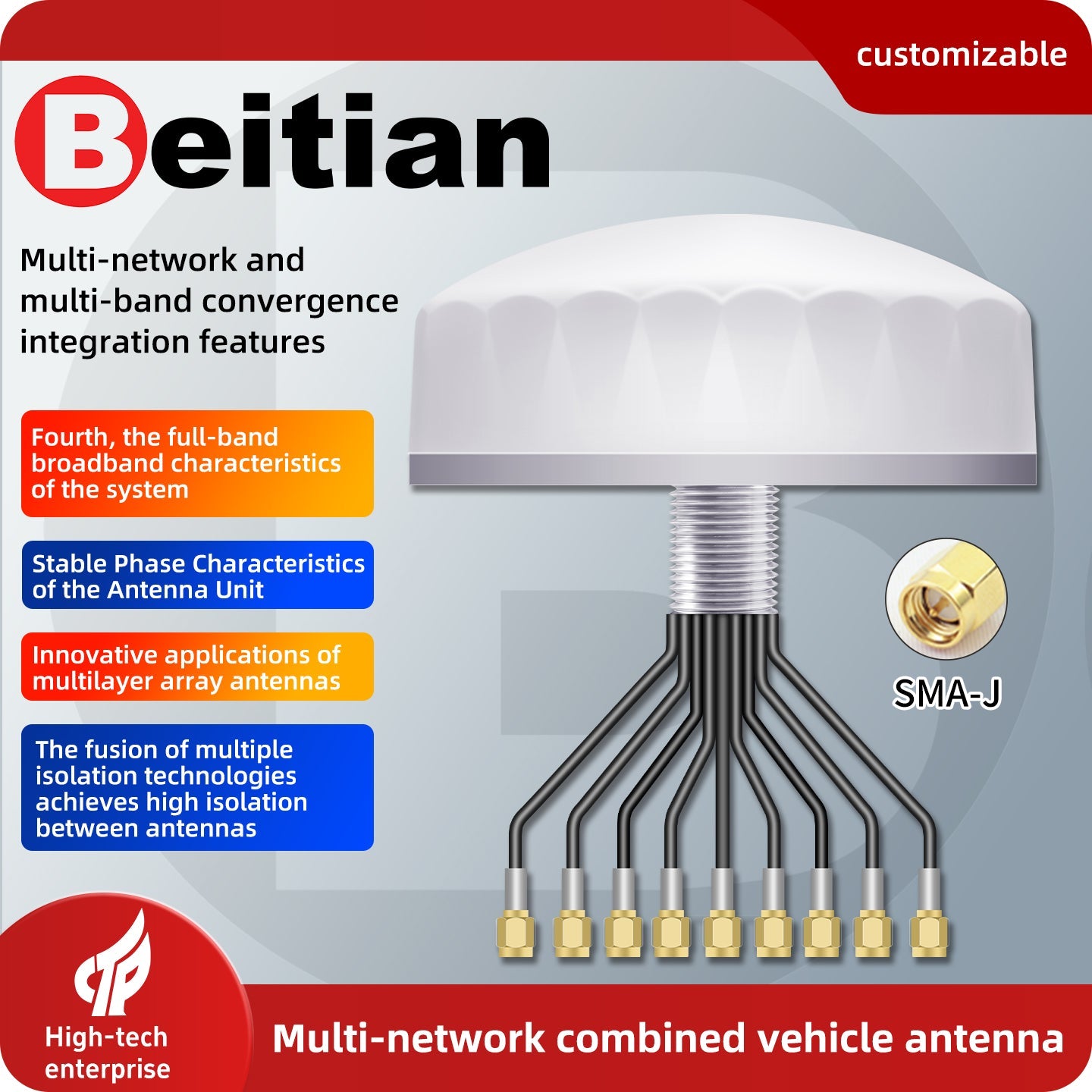 Beitian multi-network combined vehicle antenna graphic showing SMA-J connector detail and feature callouts