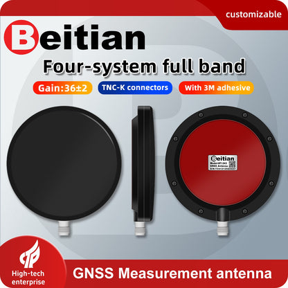 Beitian GNSS measurement antenna promo graphic showing four-system full band, TNC-K connector and 3M adhesive