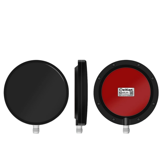 Beitian BT-243 RTK GNSS measurement antenna with TNC-K connector, shown front, side and bottom label