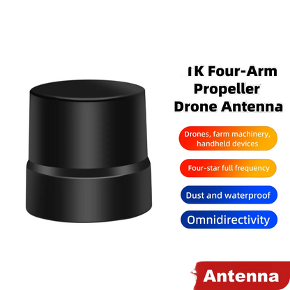 RTK drone antenna feature callouts graphic with four-star full frequency, dust waterproof, omni