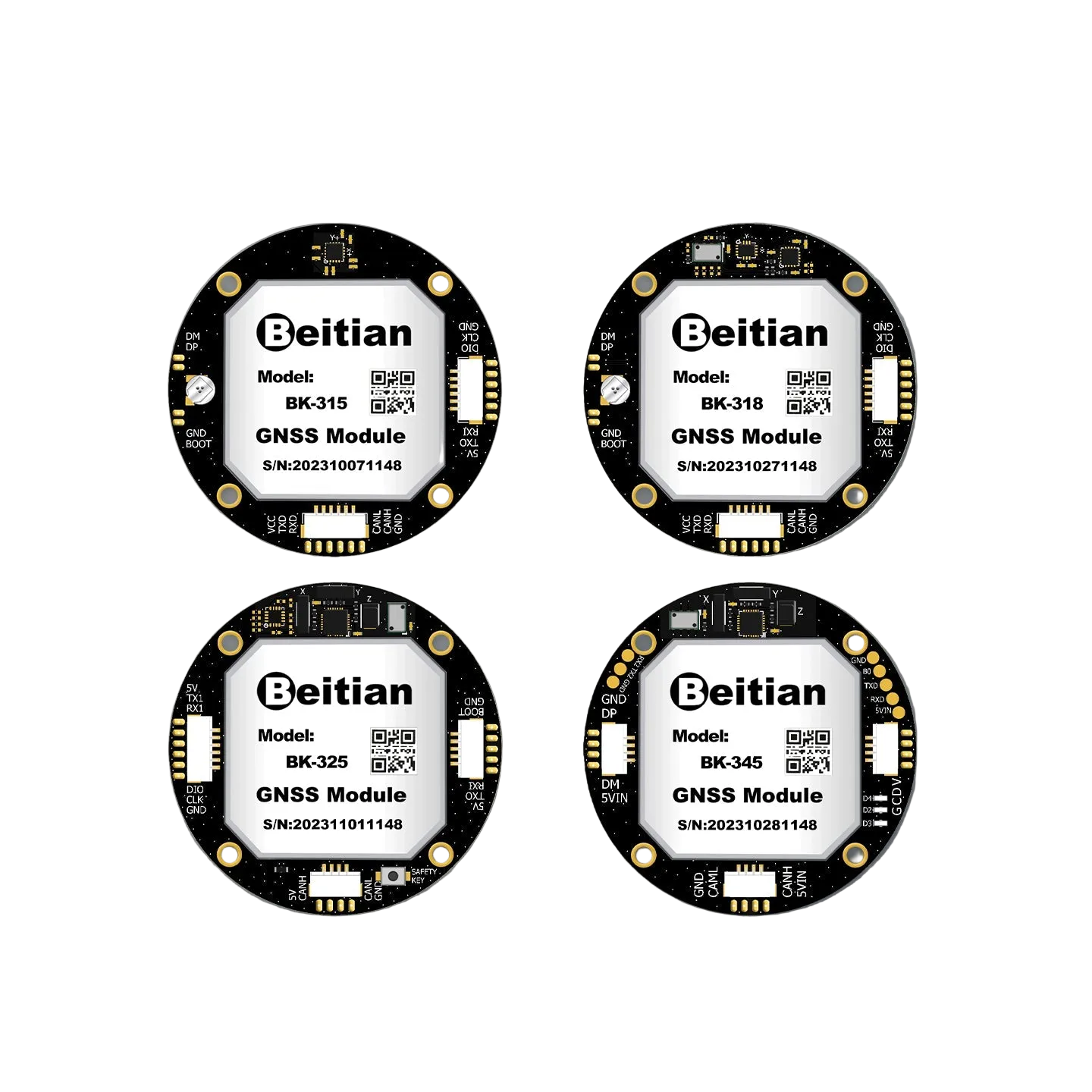 Beitian M9 M9140 GNSS CAN module series overview showing BK-315, BK-318, BK-325 and BK-345 boards