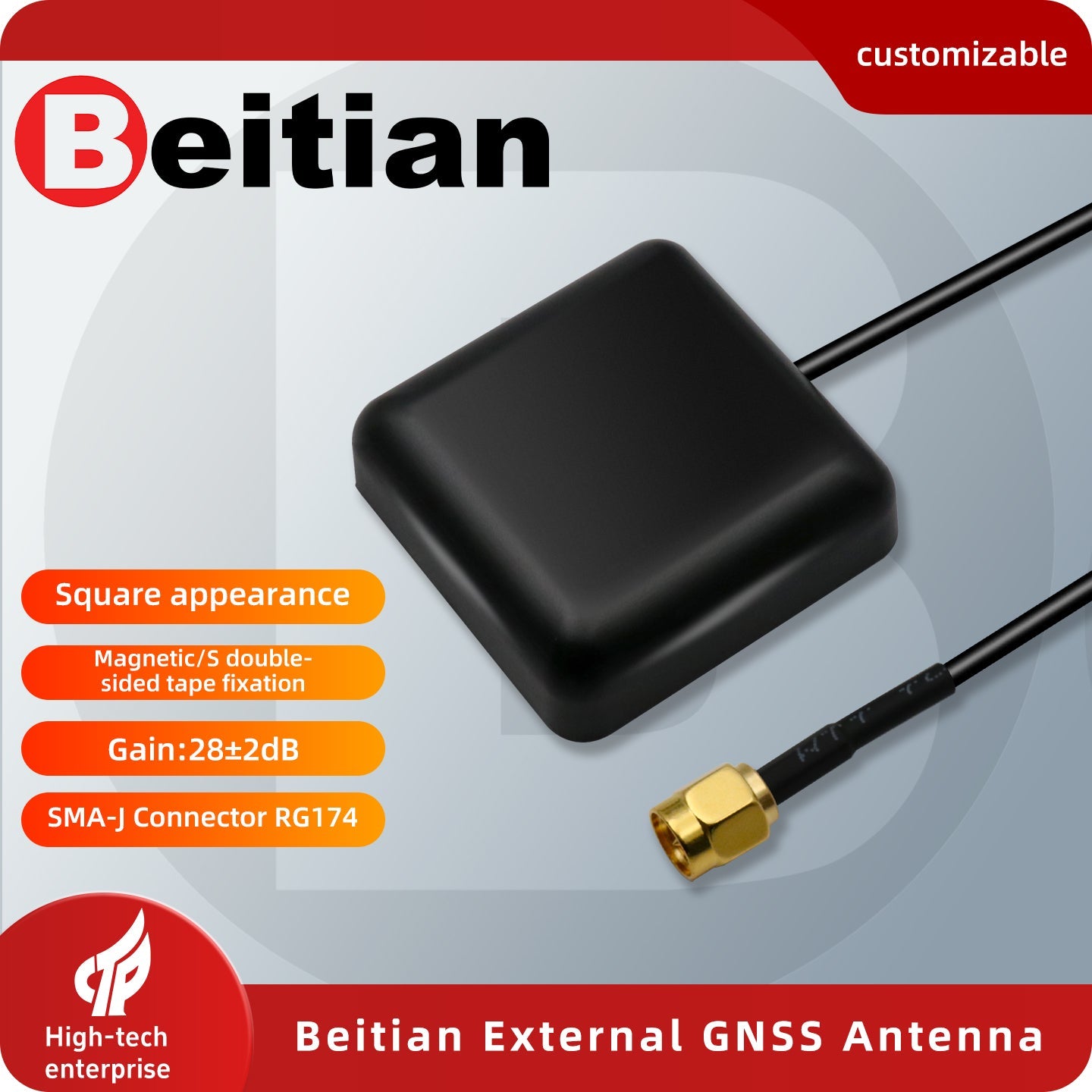 Black square GNSS antenna body with SMA-J connector (RG174 cable), customizable option graphic