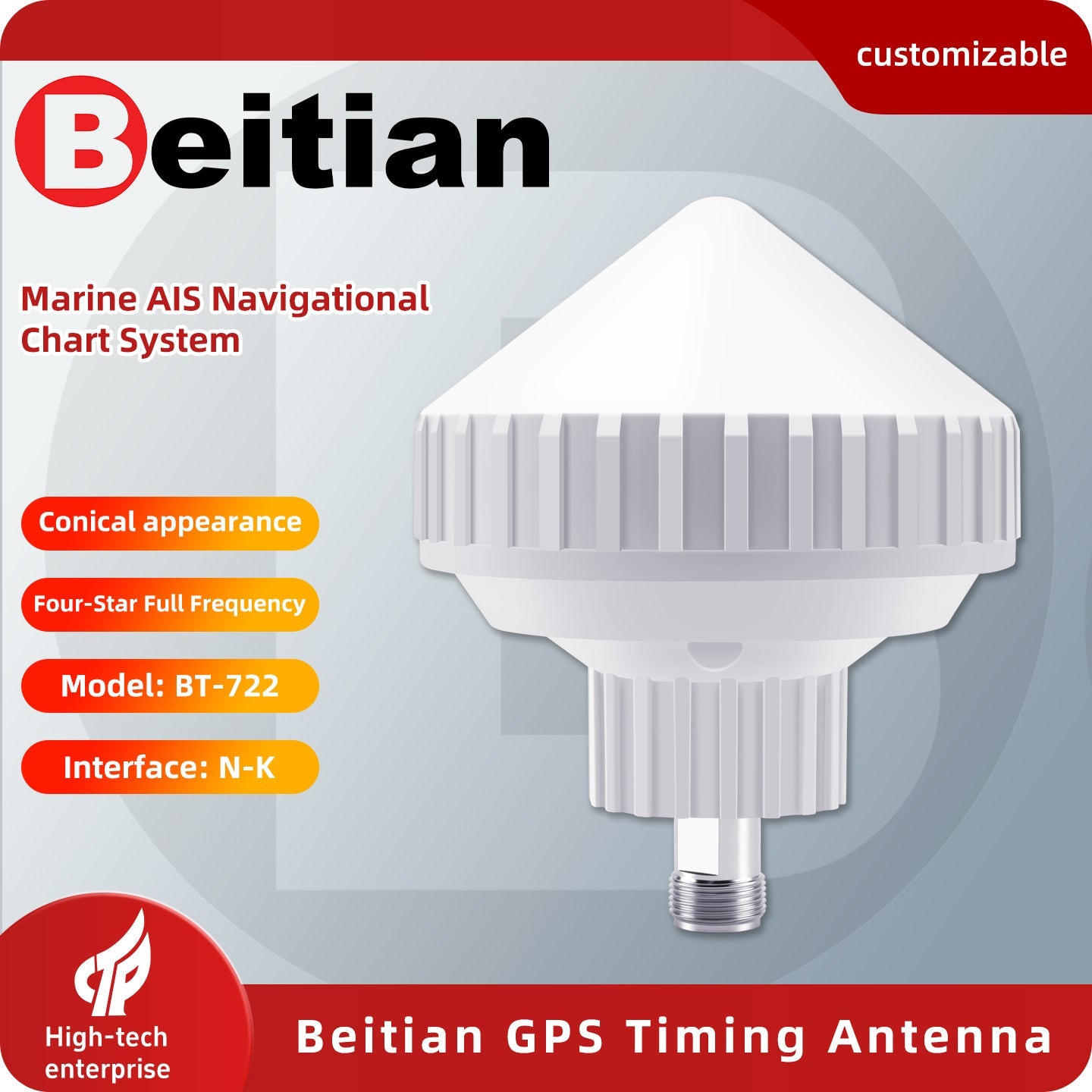 Beitian BT-722 GNSS Timing Antenna promotional graphic showing conical design and model BT-722