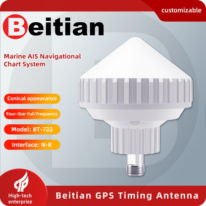 Beitian BT-722 GNSS Timing Antenna promotional graphic showing conical design and model BT-722