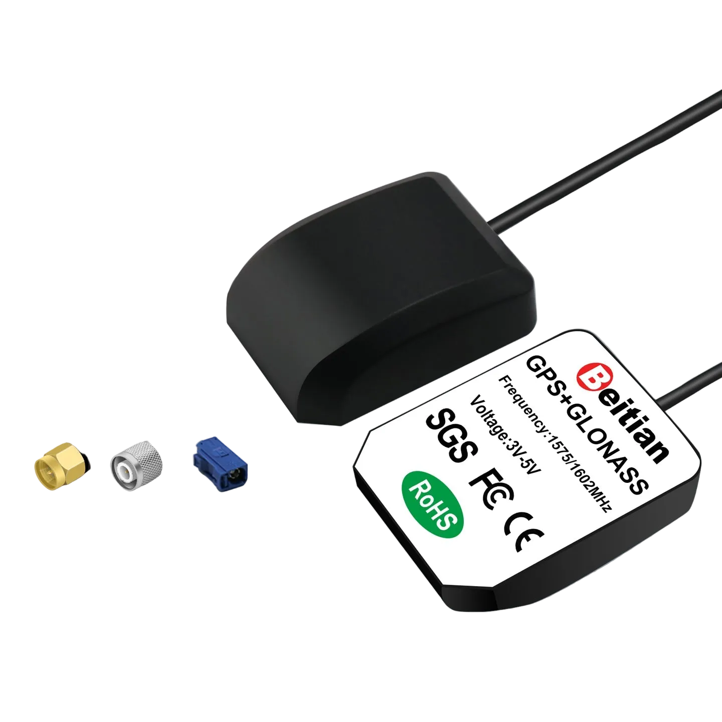 Beitian BN-143AJ Active External GNSS Antenna with cable, label side shown and connector options