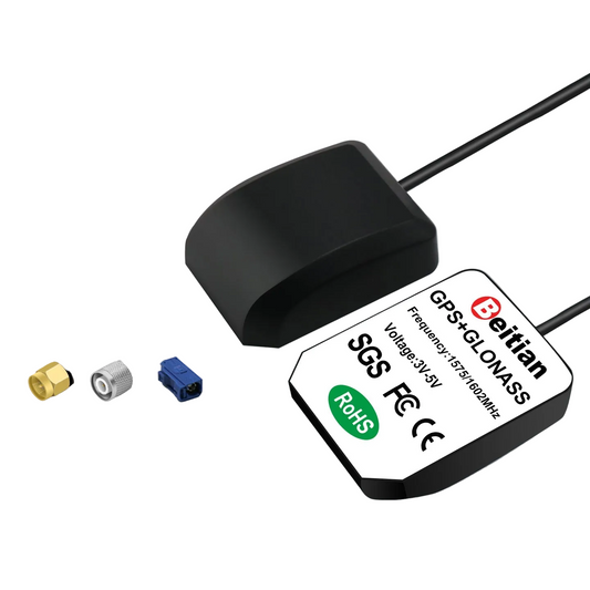 Beitian BN-143AJ Active External GNSS Antenna with cable, label side shown and connector options