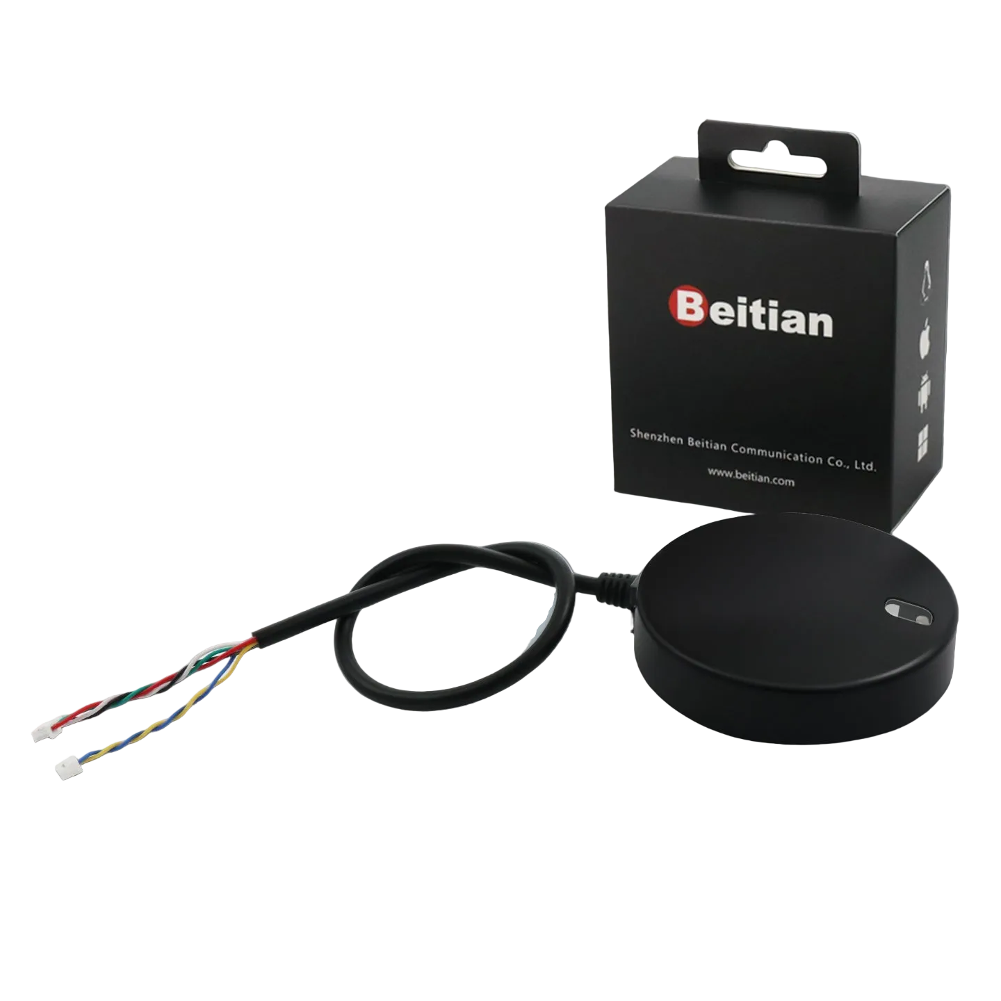Beitian BE-610i GNSS receiver module puck with cable leads and Beitian retail box