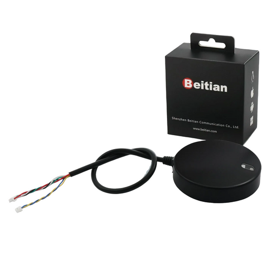 Beitian BE-610i GNSS receiver module puck with cable leads and Beitian retail box