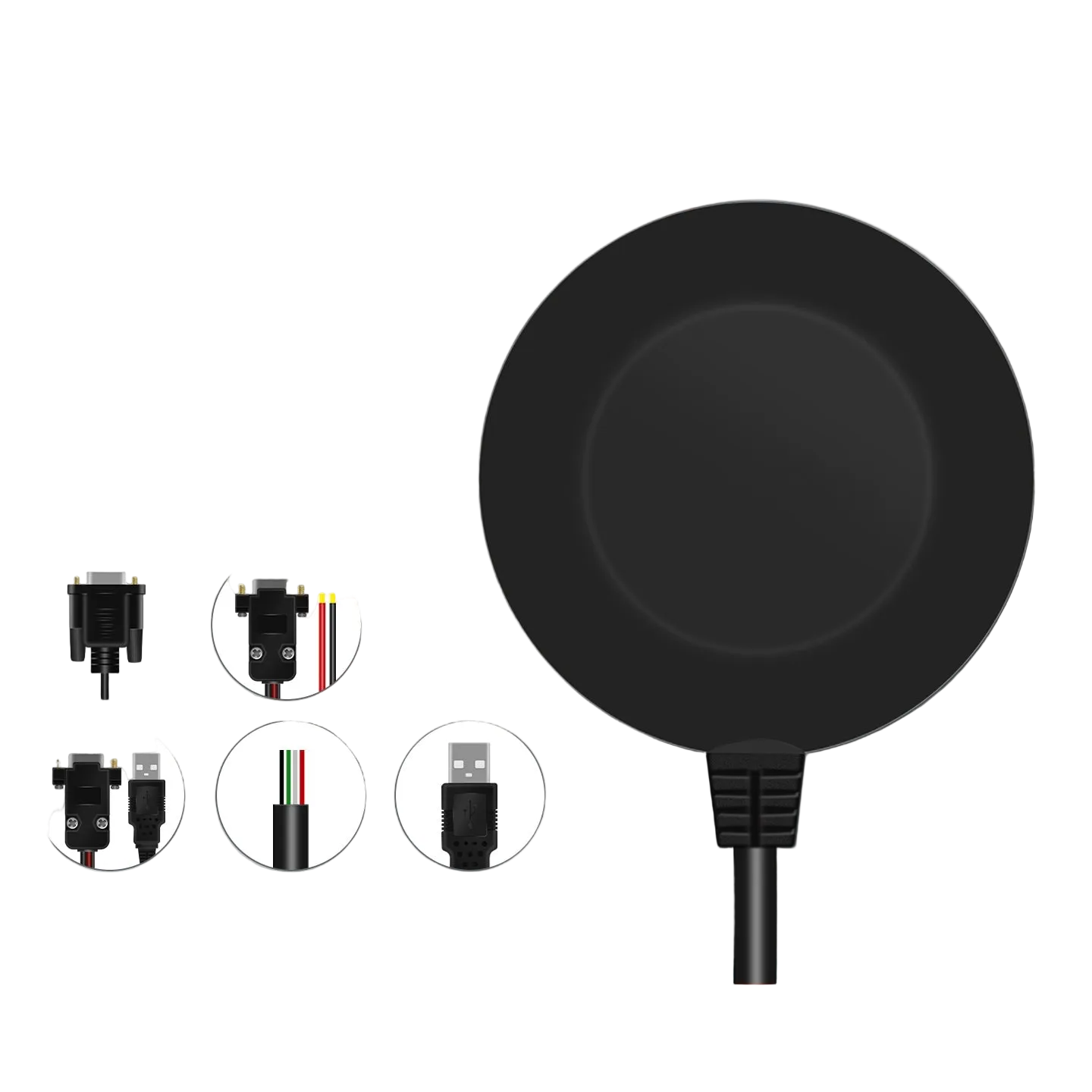Round GNSS puck rear housing with cable, plus small connector and wiring close-up icons