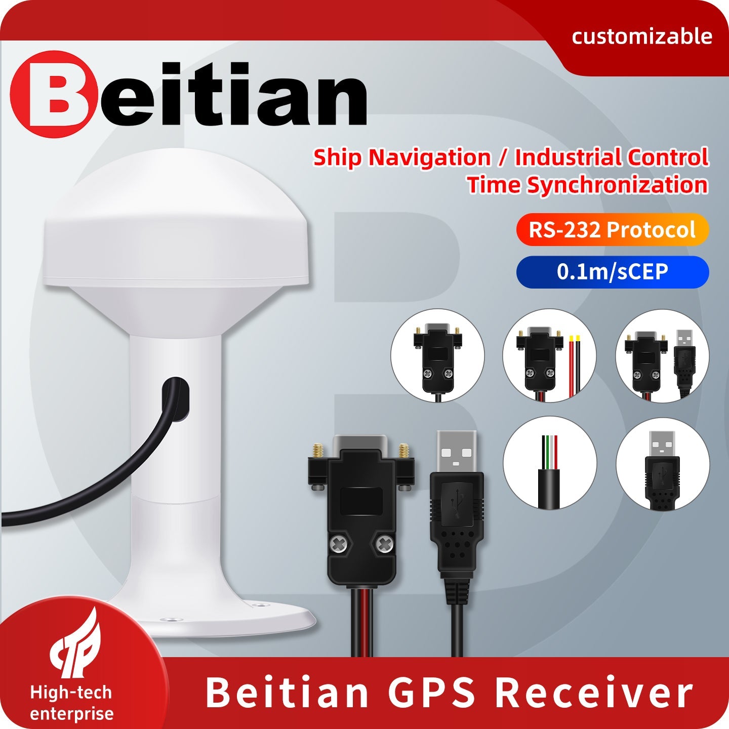 Beitian GPS receiver infographic showing RS-232 protocol option and connector types