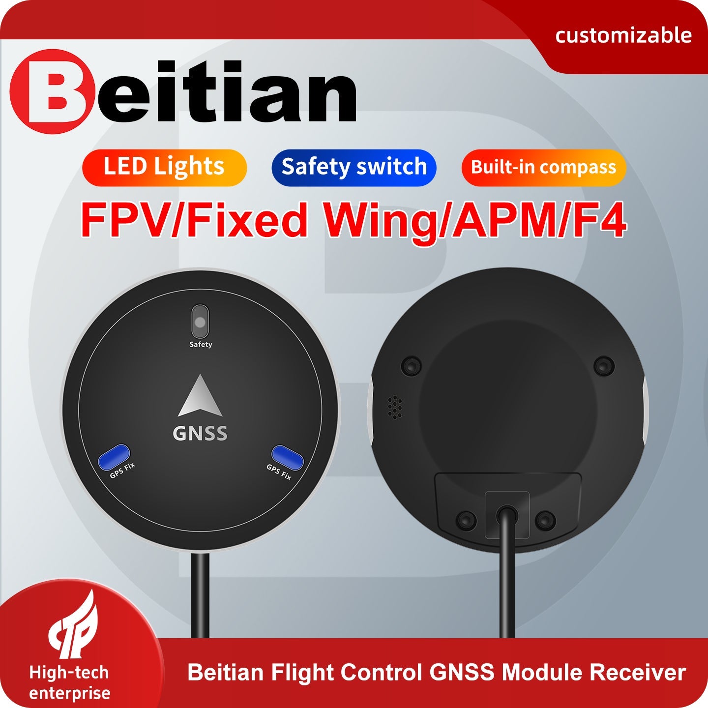 Beitian flight control GNSS module receiver promo graphic showing LED lights, safety switch and compass