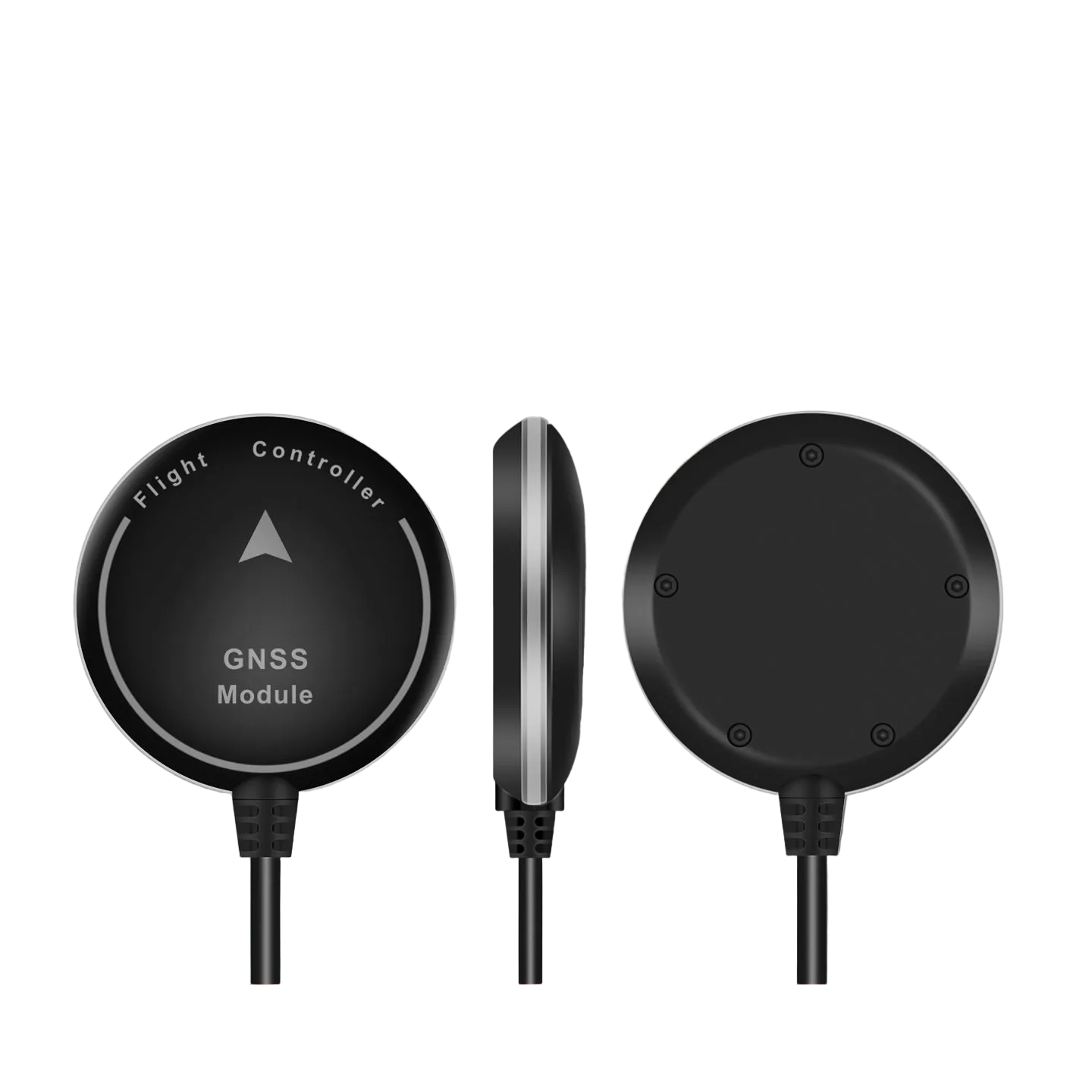 Beitian BE-565 GNSS receiver module for UAV flight controller, front, side and rear views with cable