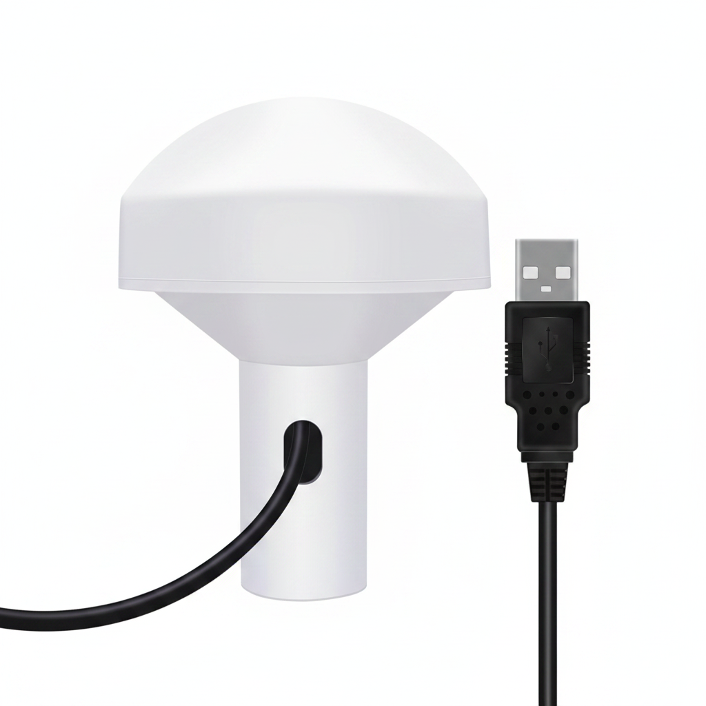 Beitian BV-57D marine GNSS receiver mushroom antenna with attached USB cable, white housing