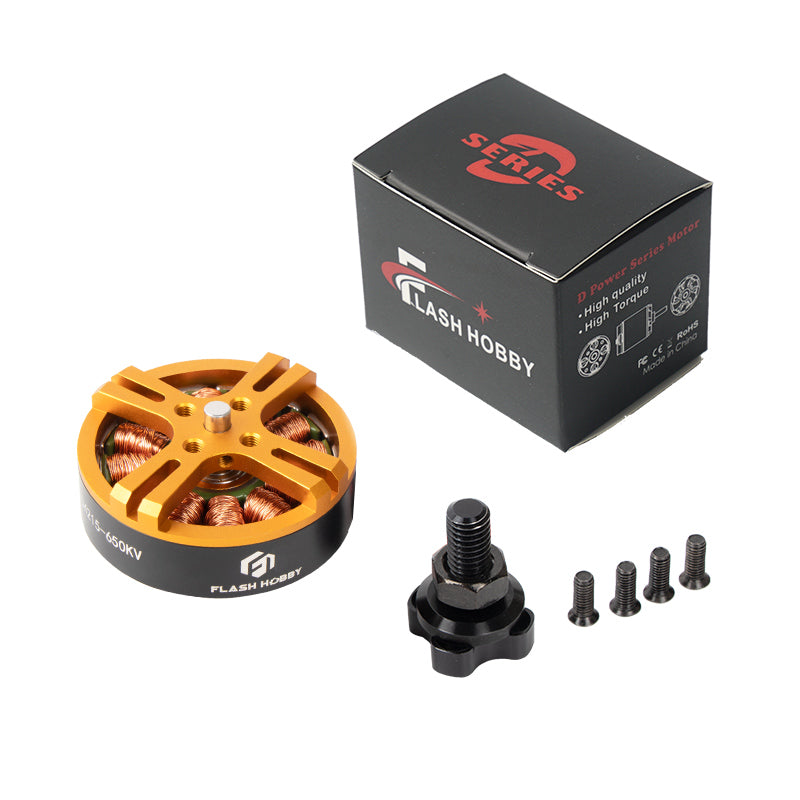 Flashhobby D4215 650KV Brushless DC Motor, Flashhobby D4215 650KV brushless motor with gold top, prop adapter, mounting screws, and retail box