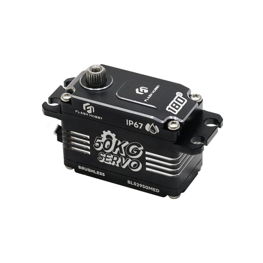 Flashhobby BLS2950MED low profile brushless digital servo with 50KG label, IP67 marking, and metal spline output shaft