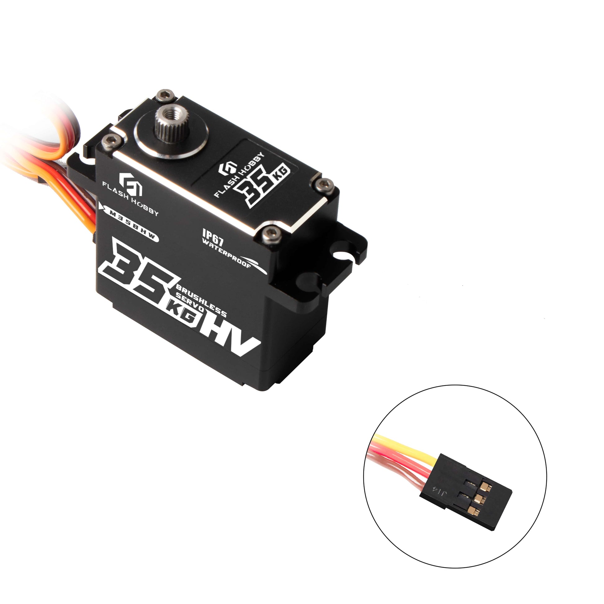 Flashhobby M35BHW brushless digital servo with 35KG label, IP67 waterproof marking, and 3-wire connector