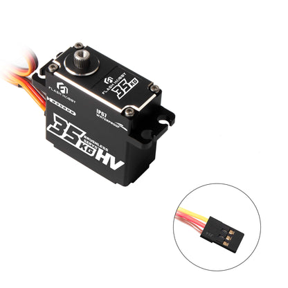 Flashhobby M35BHW brushless digital servo with 35KG label, IP67 waterproof marking, and 3-wire connector