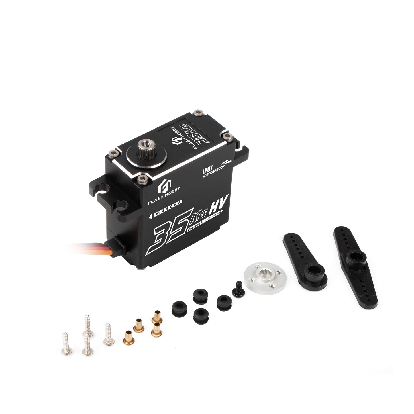 Flashhobby M35CHW coreless digital servo marked 35KG HV and IP67, with servo arms, horn, screws and grommets