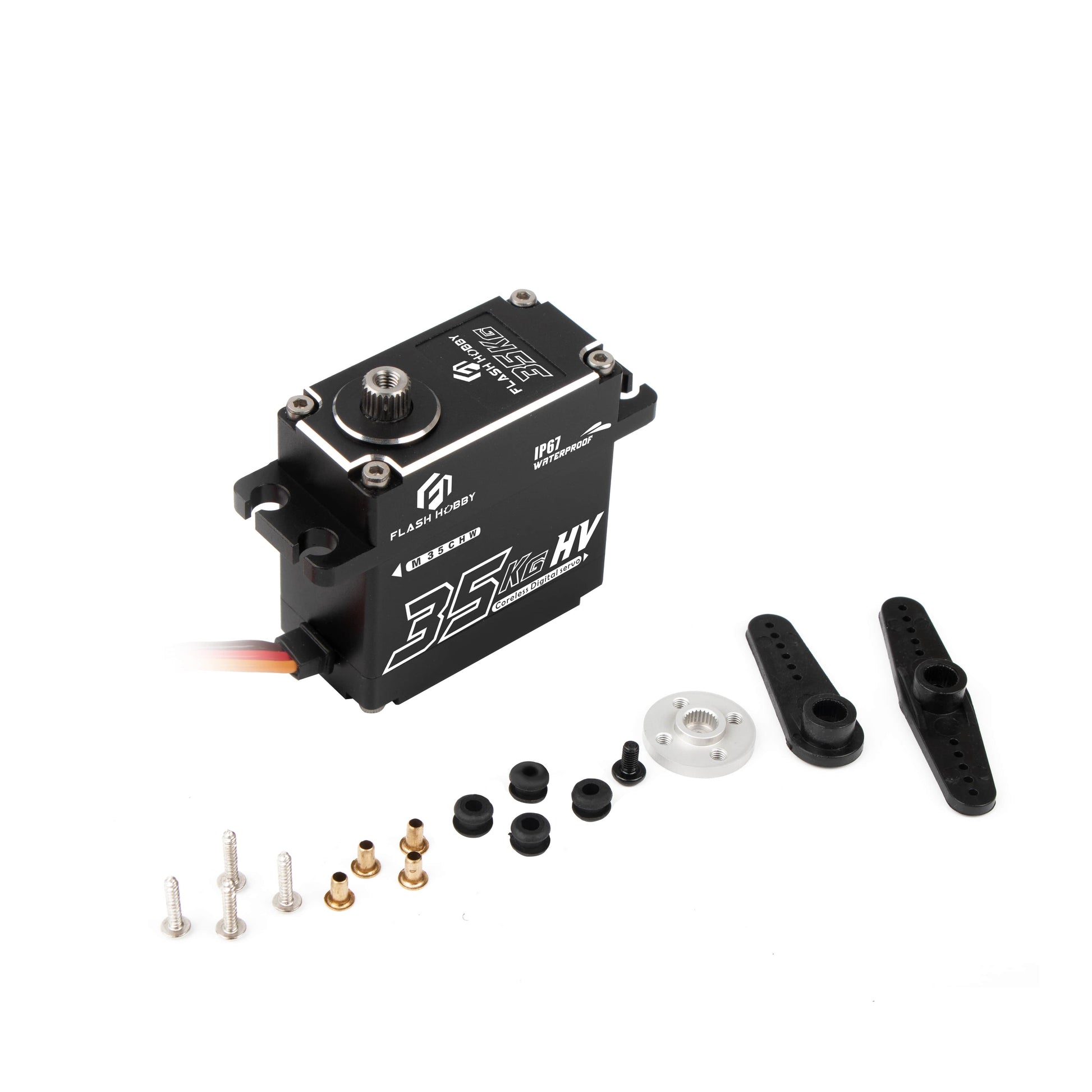 Flashhobby M35CHW coreless digital servo marked 35KG HV and IP67, with servo arms, horn, screws and grommets