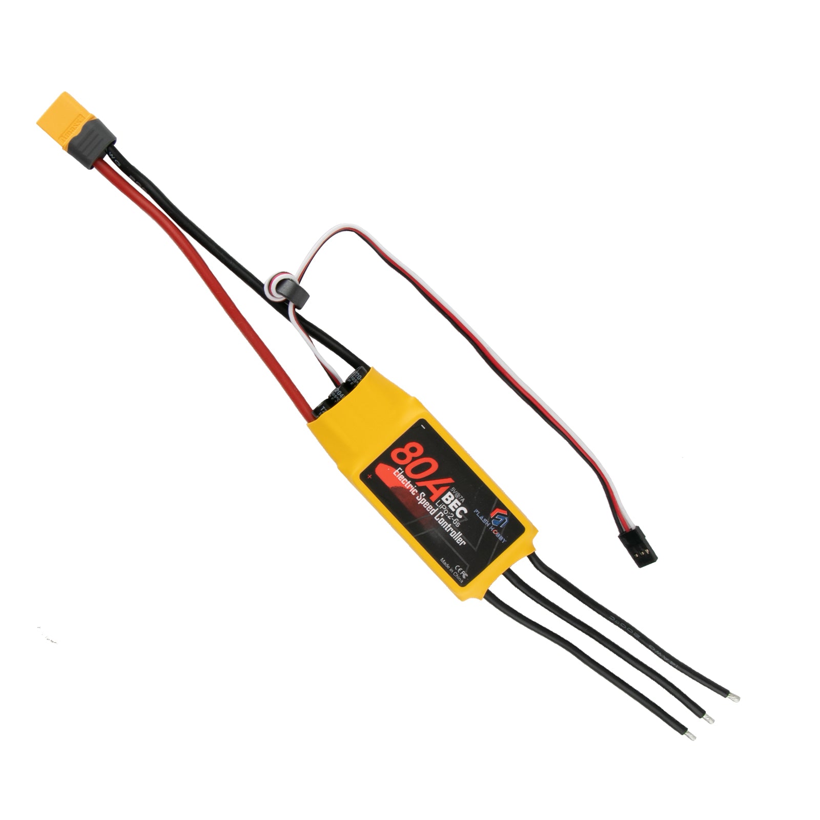 Flashhobby Spaceman 80A ESC with yellow heat-shrink, XT60 battery lead, three motor wires, and servo plug
