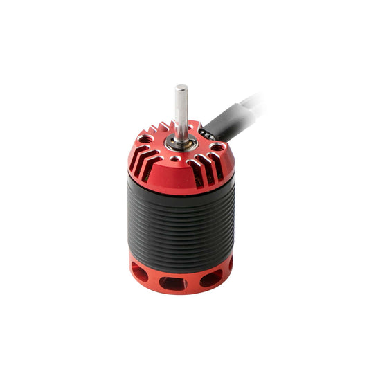 Flashhobby H450 Helicopter Motor, Flashhobby H450 helicopter brushless motor with red anodized housing, black ribbed can, and steel output shaft
